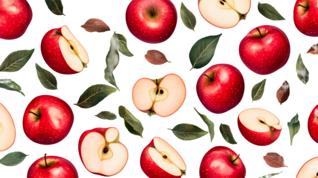 Red apples and leaves pattern background illustration, cut out transparent
