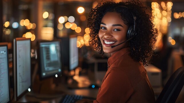 Smiling African American Call Center Operator in a Vibrant Office Setting