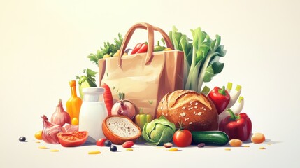 Grocery bag filled with fresh groceries including milk, vegetables, and bread, arranged against a white background illustration