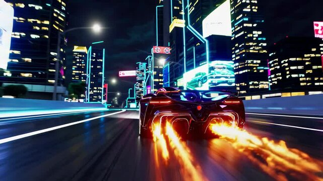 Futuristic hypercar speeding through a neon lit city at night, leaving fiery trails in its wake, showcasing speed, technology, and futuristic design