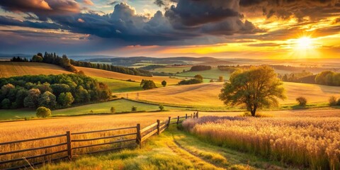Fototapeta premium Golden Hour Serenity Rolling Hills, Sunset Glow, and a Solitary Tree by a Rustic Fence