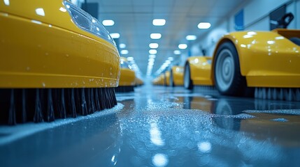 Yellow cleaning machines lined up in a bright, spacious garage, reflecting on the shiny floor