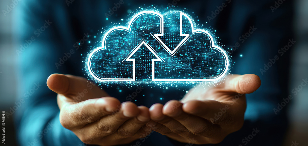 Fototapete businessman holds glowing cloud symbol representing cloud computing, emphasizing data transfer and online storage. This captures essence of modern technology and innovation