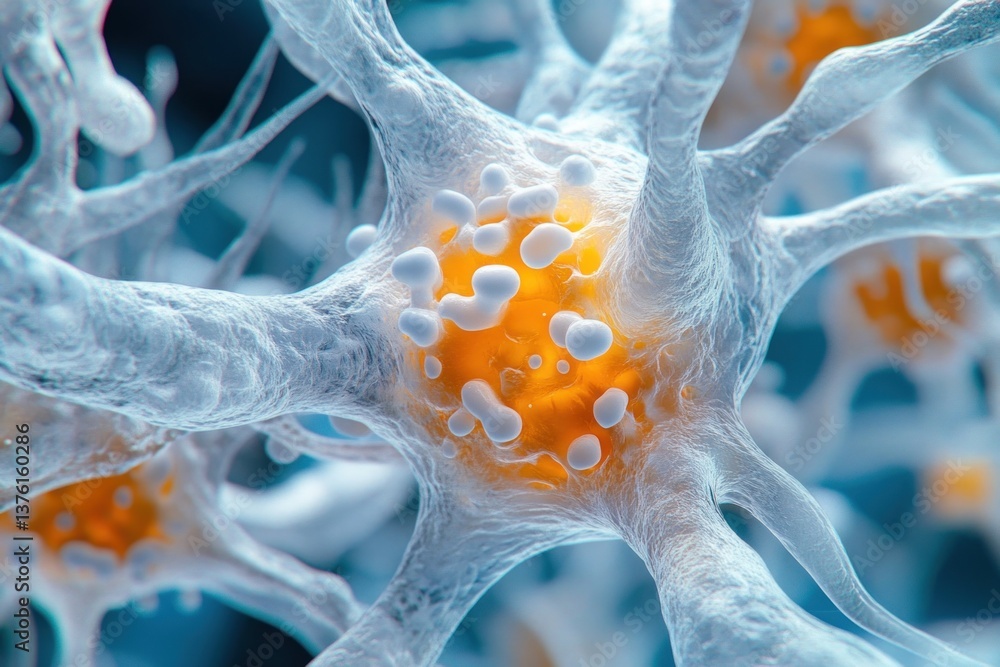 Poster visual exploration of a neural cell reveals its unique complexities, highlighted by white and orange