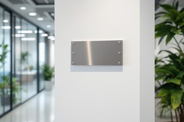 Blank metallic nameplate mounted on a white wall in a modern office with glass partitions and green plants in the background. Concept of business signage. Ai generative