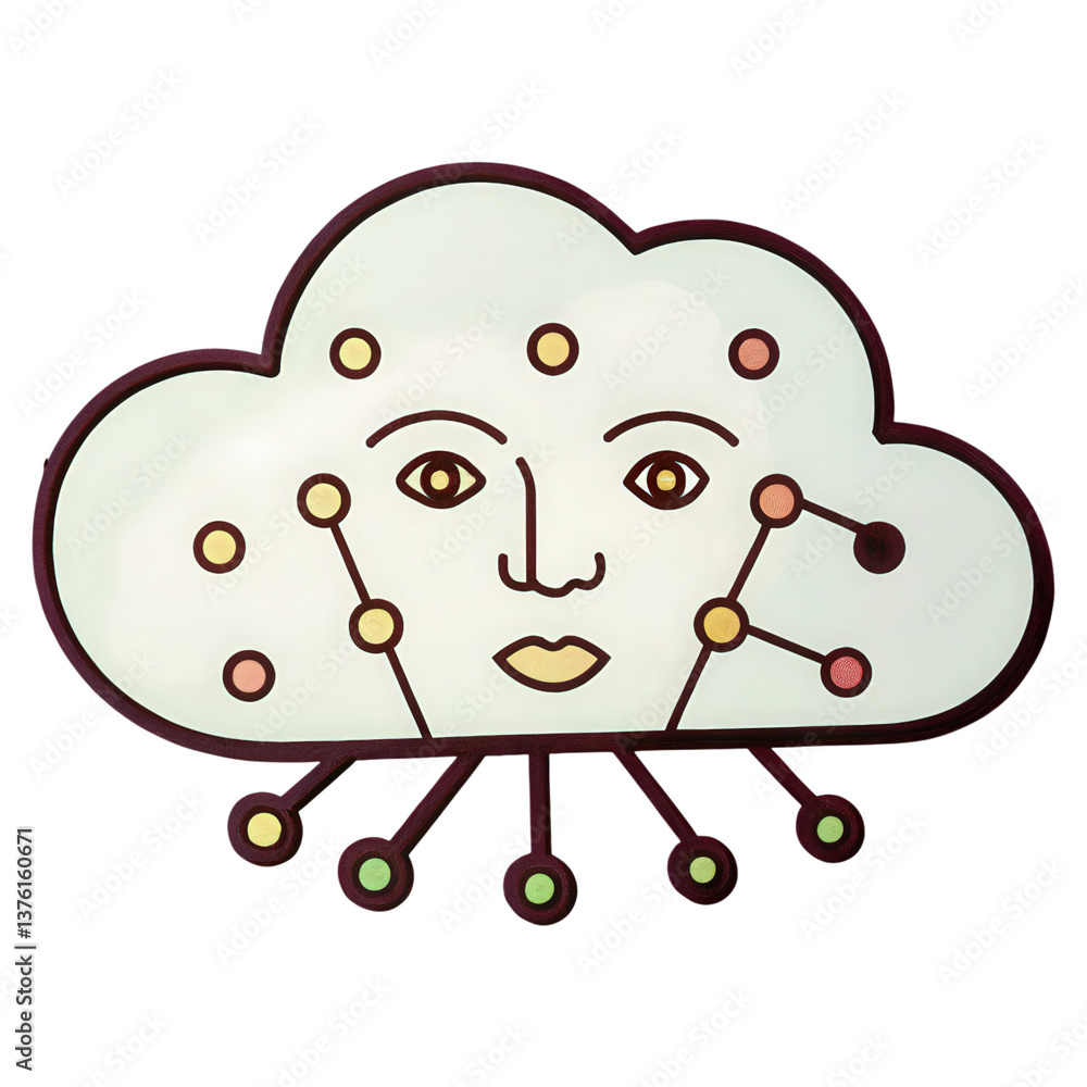 Poster a cloud with a face and connecting nodes, symbolizing technology and artificial intelligence.