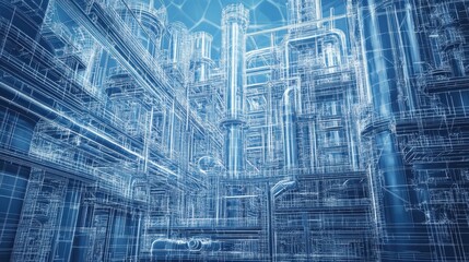 Industrial blueprint of a complex refinery system with detailed machinery and intricate piping layout illustration