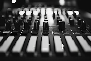 A close up photo of an audio controller in black and white
