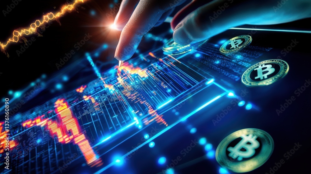 Poster analyzing cryptocurrency trends digital finance data visualization virtual environment close-up inve