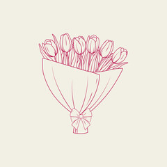 A bouquet of vintage hand-drawn tulips in a minimalist style, using red ink. Vector illustration.