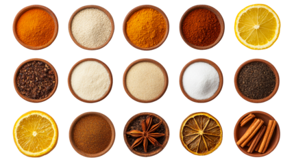 Wooden bowls with spices and fruits on a black background, cut out transparent