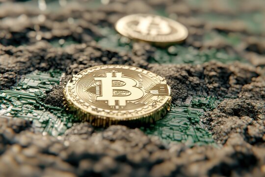 Golden cryptocurrency coins embedded in a circuit board, representing digital currency mining.