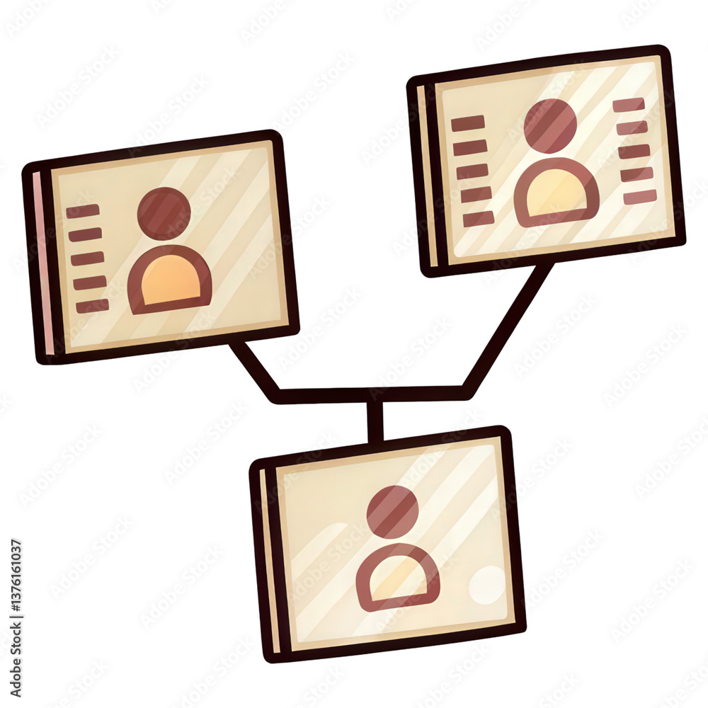 Poster illustration of interconnected profiles with user icons and data fields.