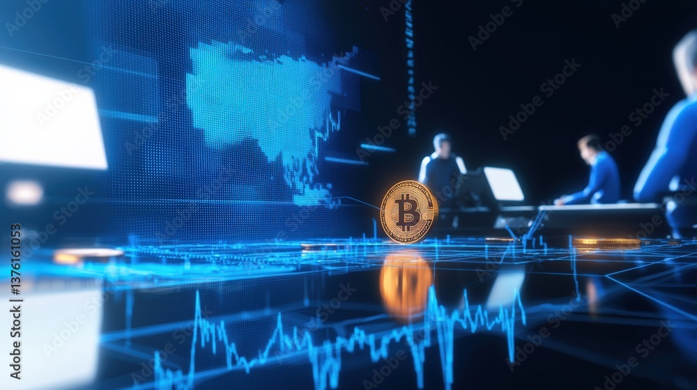 Poster cryptocurrency trading event digital market financial visualization tech environment futuristic view