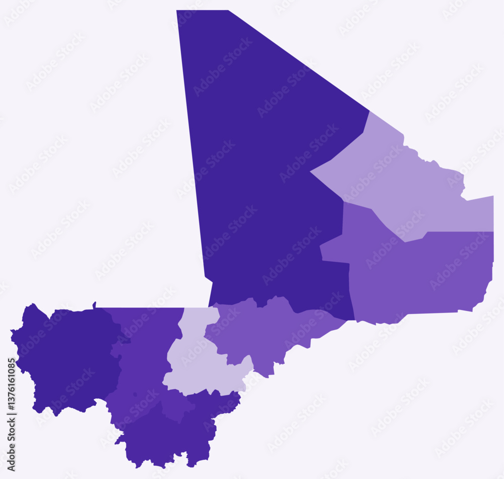 Poster map of mali with regions. just a simple country border map with region division. deep purple color p