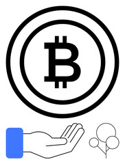 Bitcoin symbol in a circle above an open hand and simple tree graphic. Ideal for finance, cryptocurrency, investment, economy, sustainability, digital money, growth. Flat simple metaphor