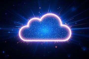 Futuristic glowing digital cloud with sparkling particles and neon light edges on a cosmic background. Concept of cloud computing and data storage. Ai generative