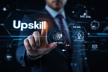 Businessman in suit touching digital interface with Upskill and Soft Skills icons on futuristic background. Concept of professional development. Ai generative