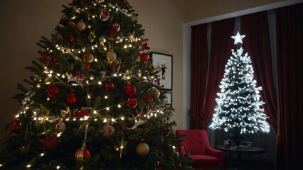 Christmas Tree Decor at Evening with Lights and Ornaments for Holiday Season