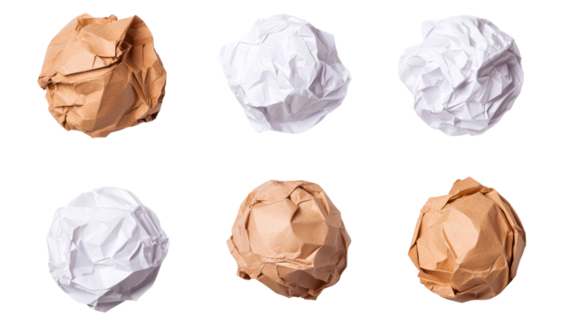Six crumpled paper balls, brown and white, texture design, cut out transparent