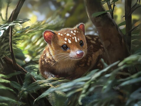 Dasyure Resting in Forest Ferns Natural Wildlife Illustration for Print