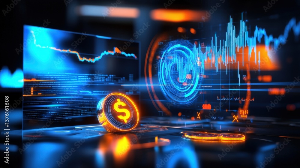 Poster financial insights and market trends analysis digital space infographic high-tech environment close-