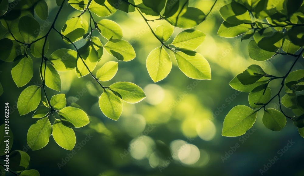 Poster sunlit green leaves on branch creating natural bokeh background texture