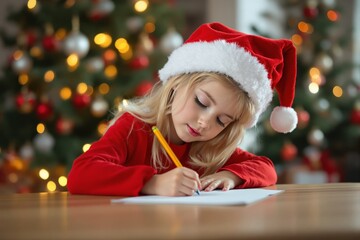 Young girl wearing Santa hat writing letter at table, festive Christmas tree with glowing lights in background, holiday season concept. Ai generative