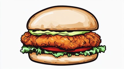 A cartoon picture of a crispy fried chicken burger on a white background. illustration