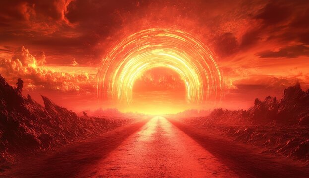 Fiery path to a blazing portal.  A road stretches through a fiery landscape toward a glowing circular gateway