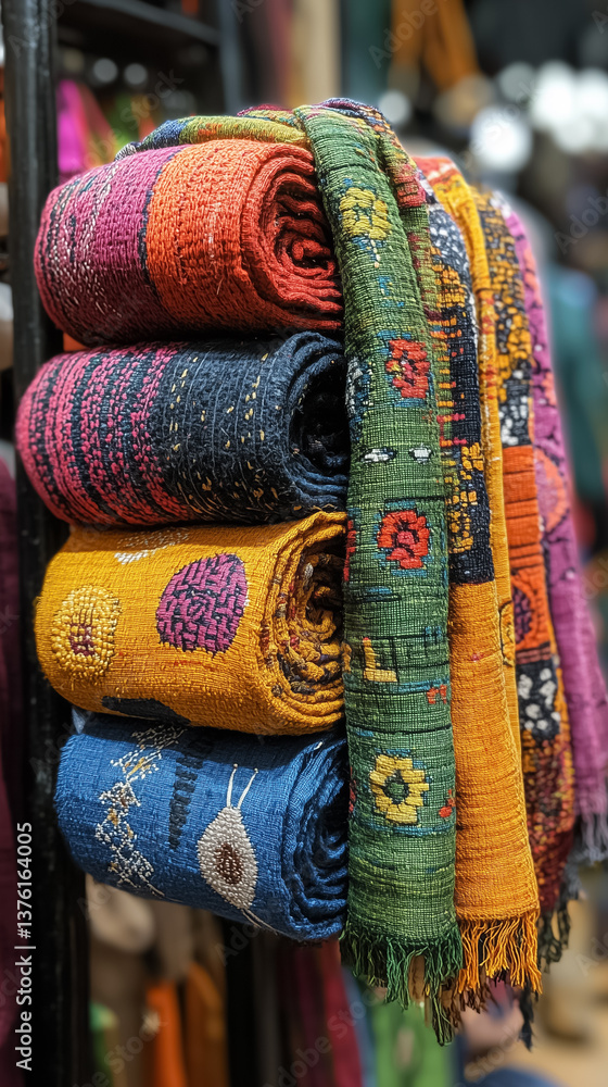 Aufkleber rolled textiles in vibrant colors and intricate patterns stacked in a textile store. bright display 