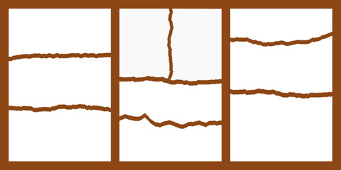 Three clean empty white sheets of A4 paper in vertical format, torn into pieces horizontally,  vertically. Vector illustration of layouts, templates for text design, photos, presentations, collage.