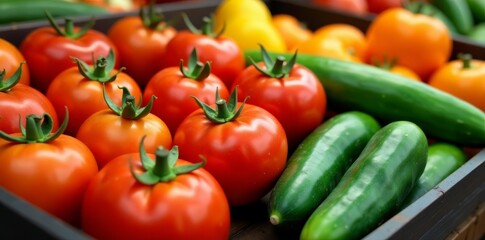 Close-up of juicy tomatoes and cucumbers on display in Georgia, red, agriculture