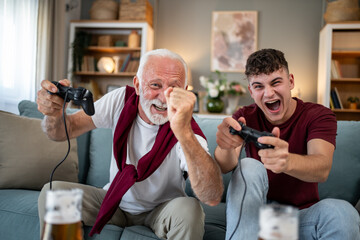 Grandfather and grandson playing videogames and celebrating victory