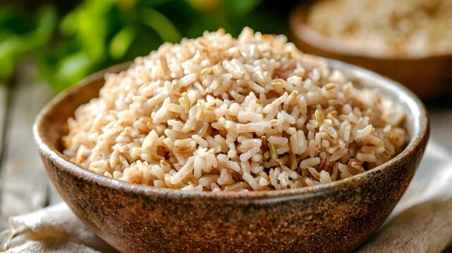 Basic Cultural Consumption, Cooked brown rice in a rustic ceramic bowl