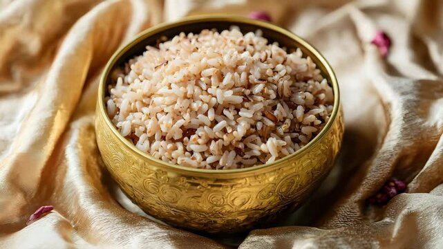 Basic Cultural Consumption, Brown rice in a golden bowl on a silk cloth