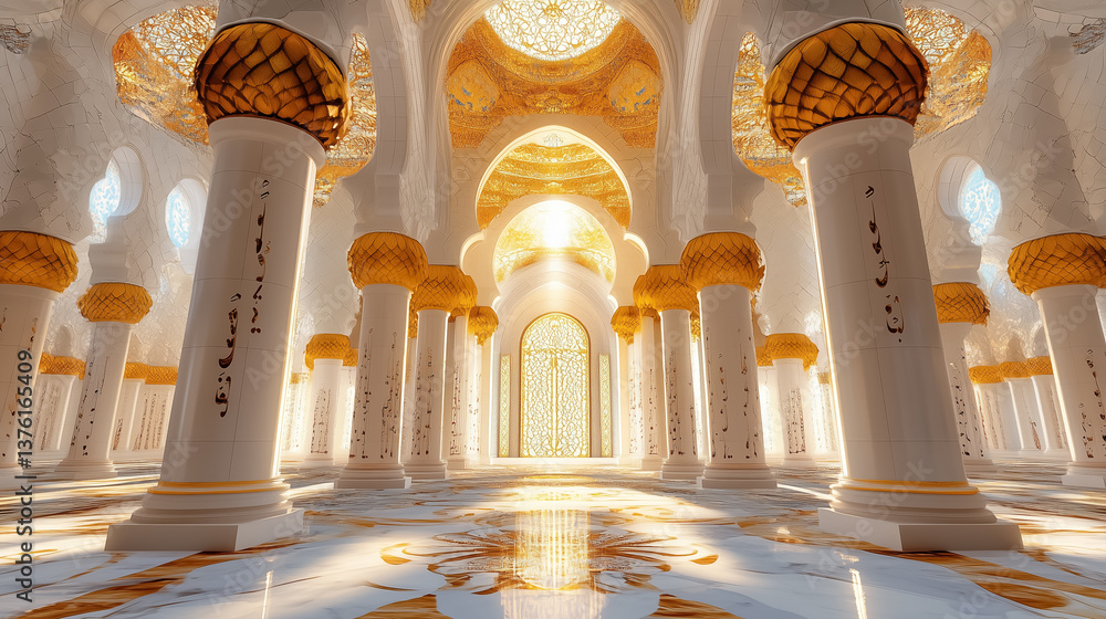 Poster interior of grand architectural space featuring ornate columns with golden accents. light streams th