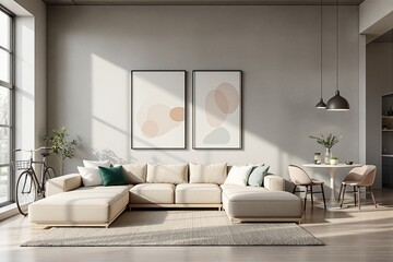 Elegant living room interior with beige sectional sofa, decorative pillows, abstract framed artwork on wall, and sunlight streaming through large windows. Ai generative