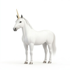 A majestic white unicorn, a symbol of purity and magic, stands gracefully against a stark white background, showcasing its ethereal beauty and mythical charm.