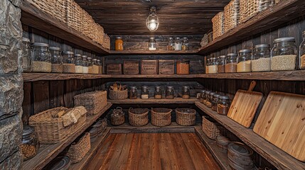 Obraz premium Rustic Pantry Interior, Wooden Shelves, Baskets
