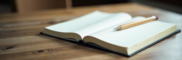 Fototapeta premium Close up of open notebook with papers and pencil on wooden table, blank page, minimalistic, wooden