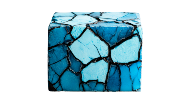 Mosaic cube of turquoise stone pieces on black background, cut out transparent - Powered by Adobe