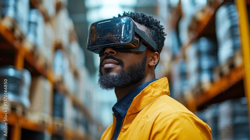 Poster a worker in a bright yellow jacket engages with virtual reality technology inside a spacious logisti