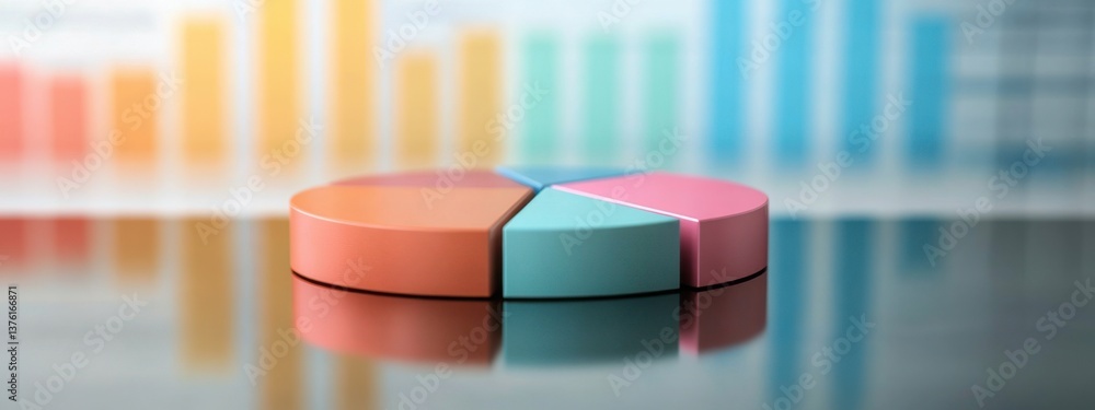 Poster colorful pie chart with abstract bar graphs in the background representation of data analysis in a m