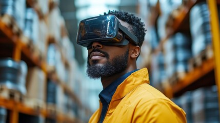 A worker in a bright yellow jacket engages with virtual reality technology inside a spacious logistics warehouse filled with various products. The use of VR aids in training and operations.