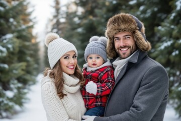 Fototapeta premium Smiling family dressed in cozy winter outfits posing in a snowy forest background. The parents and child are warmly dressed, radiating happiness. Ai generative