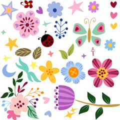 Cute Doodle Spring Floral Design Elements Flowers Butterfly And Decorative Illustrations
