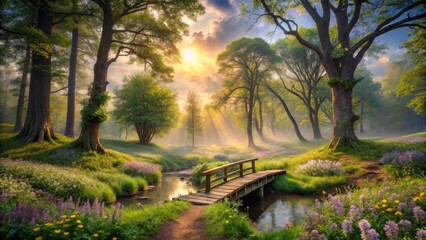 Serene Sunrise Illuminates a Picturesque Wooden Bridge Arching Over a Gently Flowing Stream Nestled Within a Lush, Misty Spring Woodland