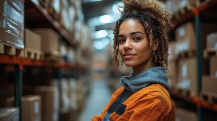 A logistics professional stands confidently in a bustling warehouse filled with organized boxes. The environment highlights the integration of automation and efficient transportation systems.