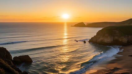 Coastal sunset view with sun glowing over the ocean and rocky cliffs
